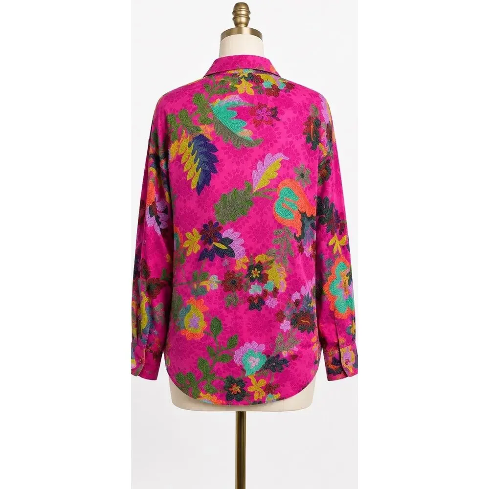 Johnny Was Martijn Shirt Verney Pink Vibrant Silk Button Upsize Medium